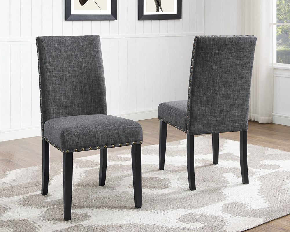 Grey Fabric Dining Chairs with Nailhead Trim – Set of 2