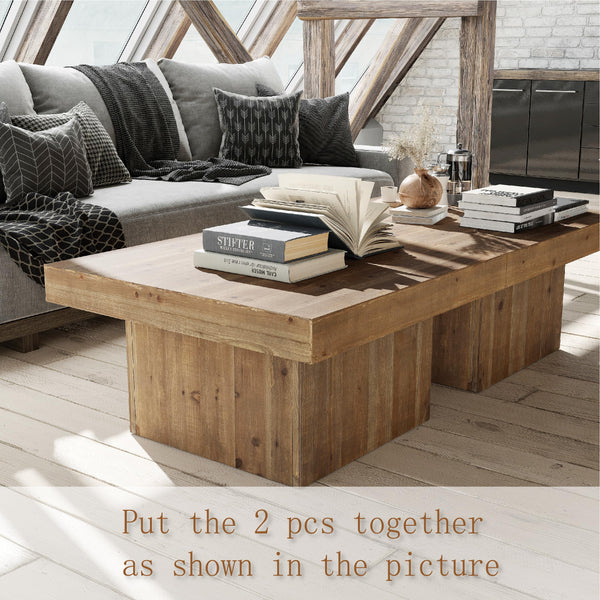 Farmhouse Square Wood Block Coffee Table with Distressed Finish