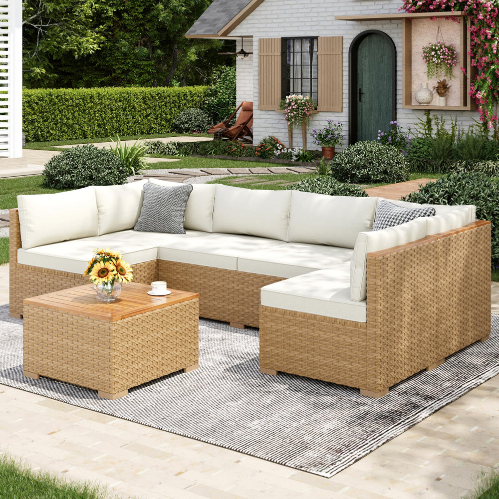7-Piece Rattan Outdoor Sectional Sofa Set with Coffee Table