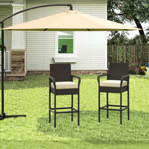 Outdoor Wicker Bar Stools with Armrests, Footrests & Cushions (Brown/Beige)