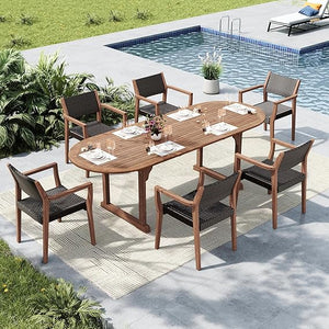 9-Piece Outdoor Patio Dining Set – Expandable Acacia Wood Table & Rattan Chairs