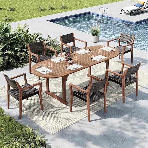 9-Piece Outdoor Patio Dining Set – Expandable Acacia Wood Table & Rattan Chairs