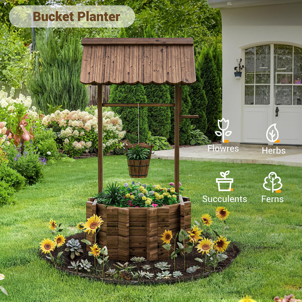 Wooden Wishing Well Planter for Outdoor Garden
