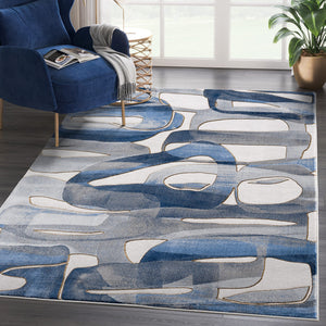 Blue & Grey Modern Circles Washable Area Rug