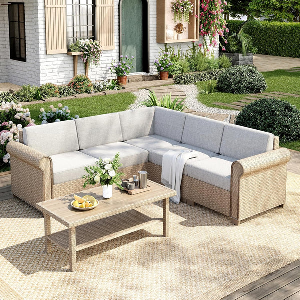 Modular Outdoor Wicker Sectional Sofa Set with Cushions & Coffee Table