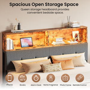 Queen Upholstered Headboard with Storage, LED Light & Charging Station