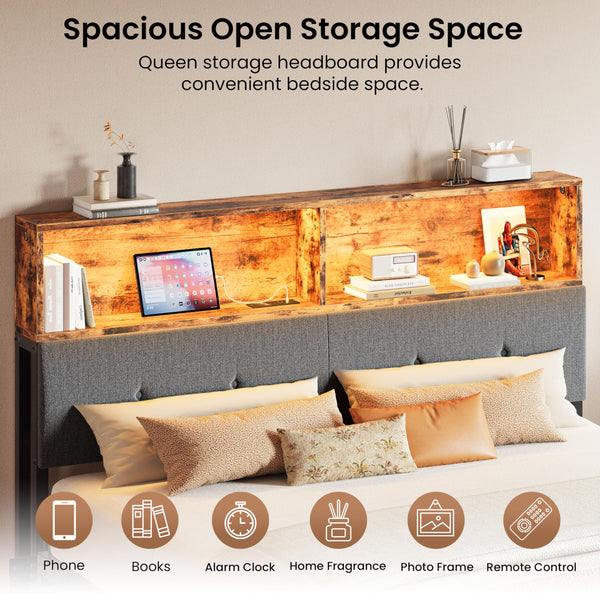 Queen Upholstered Headboard with Storage, LED Light & Charging Station