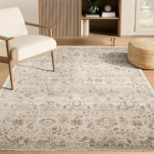 Beige Vintage Floral Area Rug – Polypropylene, Non-Shedding, Pet & Kid Friendly