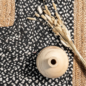 6' Round Black Geometric Cotton Jute Area Rug