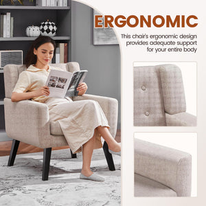 Mid-Century Modern Accent Chair – Button Tufted, Beige Linen