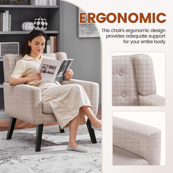 Mid-Century Modern Accent Chair – Button Tufted, Beige Linen