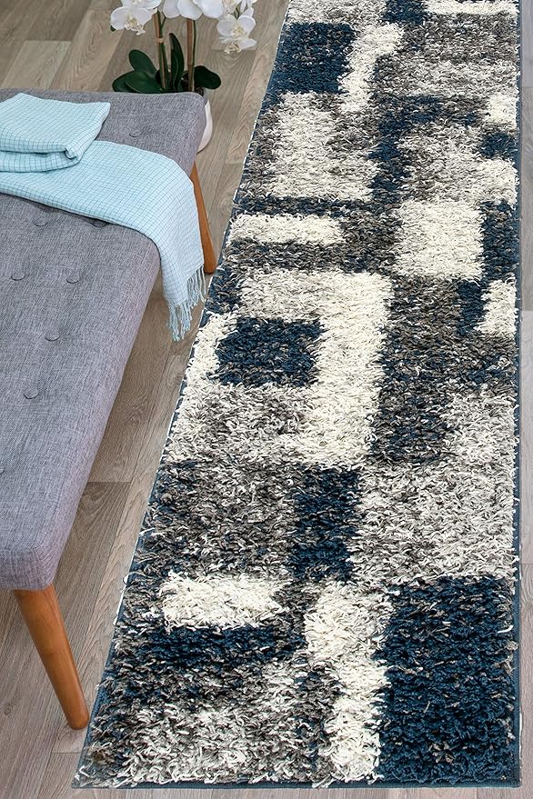 Navy Geometric Shag Area Rug — Plush Polypropylene, Non-Shedding, Multiple Sizes