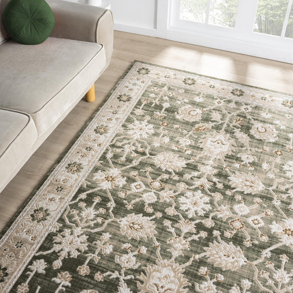 Vintage Green Floral Farmhouse Washable Area Rug