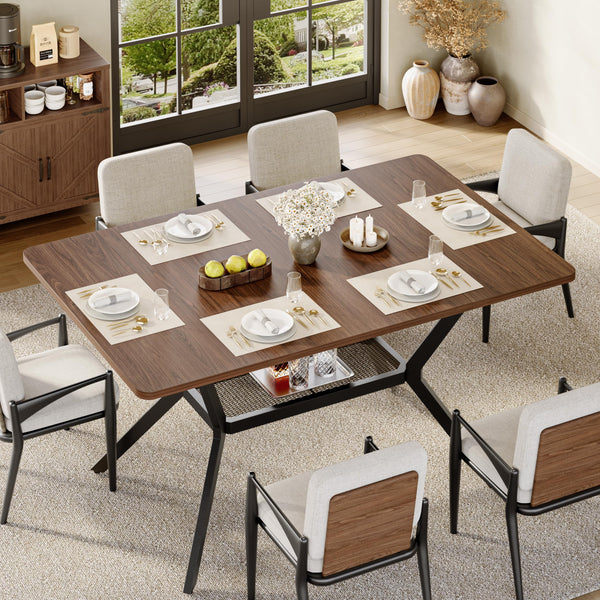 55-Inch Rectangular Dining Table with Storage Shelf and Metal Legs
