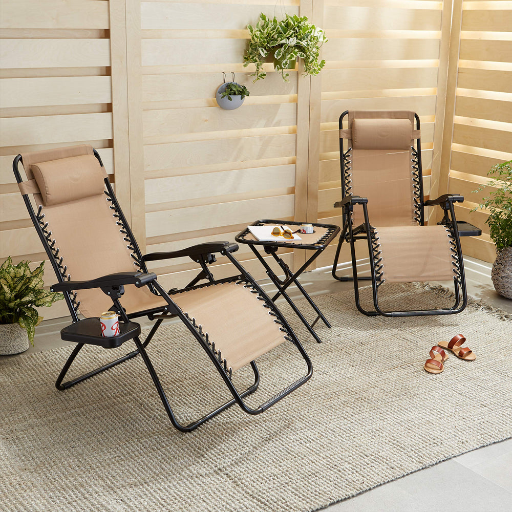 Zero Gravity Reclining Lounge Chair Set with Side Table & Headrest – 2-Pack