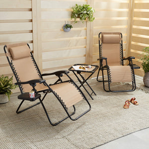 Zero Gravity Reclining Lounge Chair Set with Side Table & Headrest – 2-Pack
