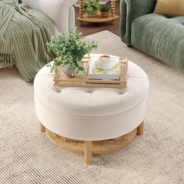Round Velvet Storage Ottoman with Lift-Off Lid