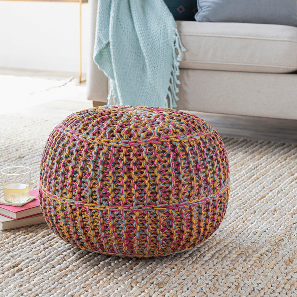 Round Jute Pouf Ottoman – Carnation, Gold & Teal