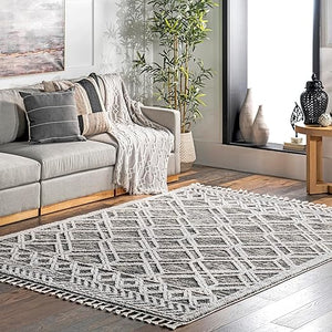 Moroccan Lattice Tassel Area Rug 6'7" x 9' – Plush Shag, Polyester, Indoor