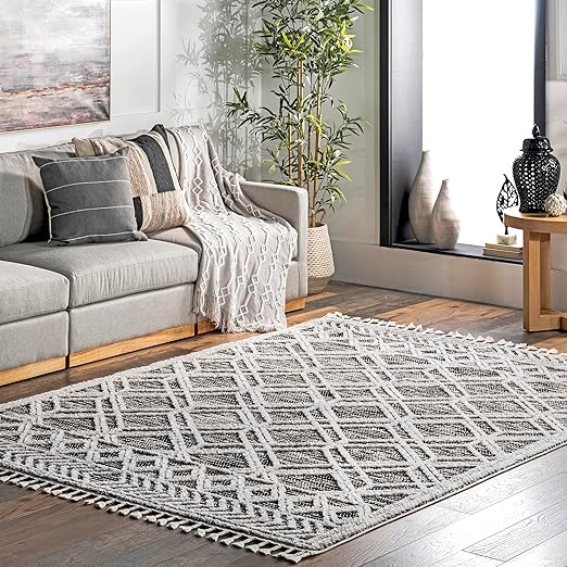 Moroccan Lattice Tassel Area Rug 6'7" x 9' – Plush Shag, Polyester, Indoor