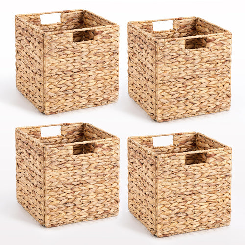Foldable Water Hyacinth Storage Baskets for Cube Shelves – Set of 4