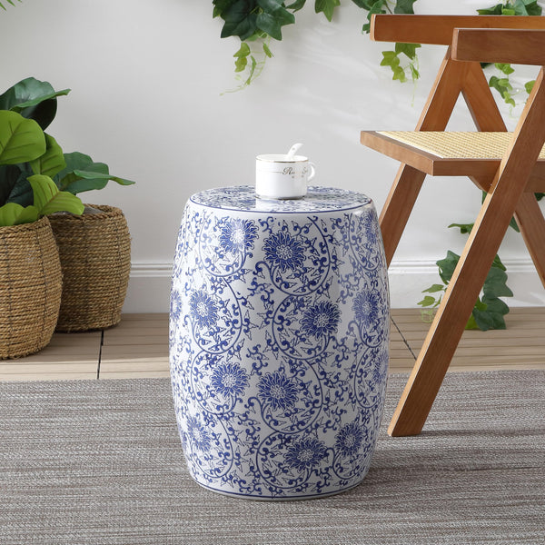 Lotus Blossom Chinoiserie Ceramic Drum Garden Stool