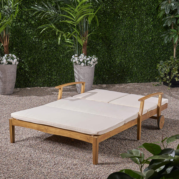 Outdoor Double Chaise Lounge – Acacia Wood Frame with Cream Cushions