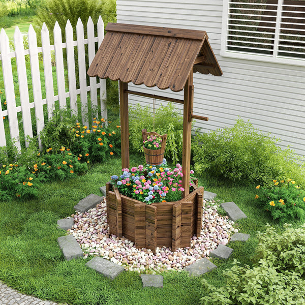 Wooden Wishing Well Planter for Outdoor Garden