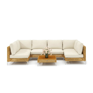 7-Piece Wicker Outdoor Sectional Patio Set with Cushions & Acacia Wood Table