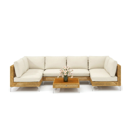 7-Piece Wicker Outdoor Sectional Patio Set with Cushions & Acacia Wood Table