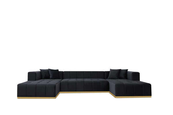 Montecito Black Velvet Double Chaise "U" Shape Sectional Sofa