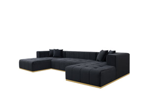 Montecito Black Velvet Double Chaise "U" Shape Sectional Sofa