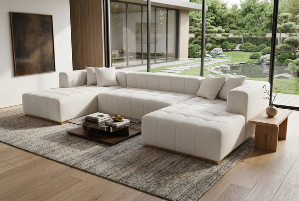 Montecito Ivory Velvet Double Chaise "U" Shape Sectional Sofa