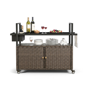 Outdoor Wicker Bar Cart with Storage Cabinet & Tempered Glass Top