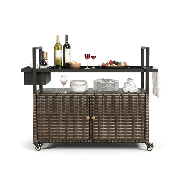 Outdoor Wicker Bar Cart with Storage Cabinet & Tempered Glass Top