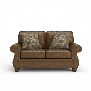 Rustic Faux Leather Loveseat with Nailhead Trim & Throw Pillows