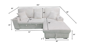 Venice Ivory Corduroy Storage Sleeper Sectional w/ Dual Cupholders & USB Ports
