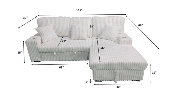Venice Ivory Corduroy Storage Sleeper Sectional w/ Dual Cupholders & USB Ports