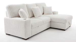 Venice Ivory Corduroy Storage Sleeper Sectional w/ Dual Cupholders & USB Ports