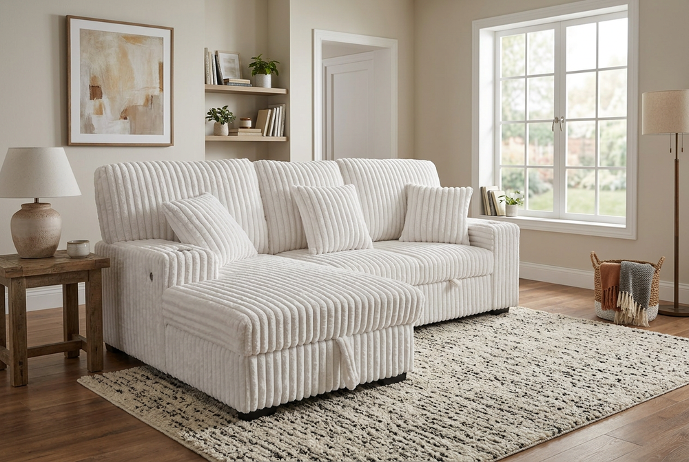Venice Ivory Corduroy Storage Sleeper Sectional w/ Dual Cupholders & USB Ports