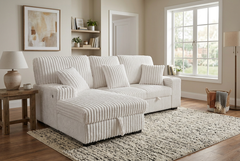Venice Ivory Corduroy Storage Sleeper Sectional w/ Dual Cupholders & USB Ports